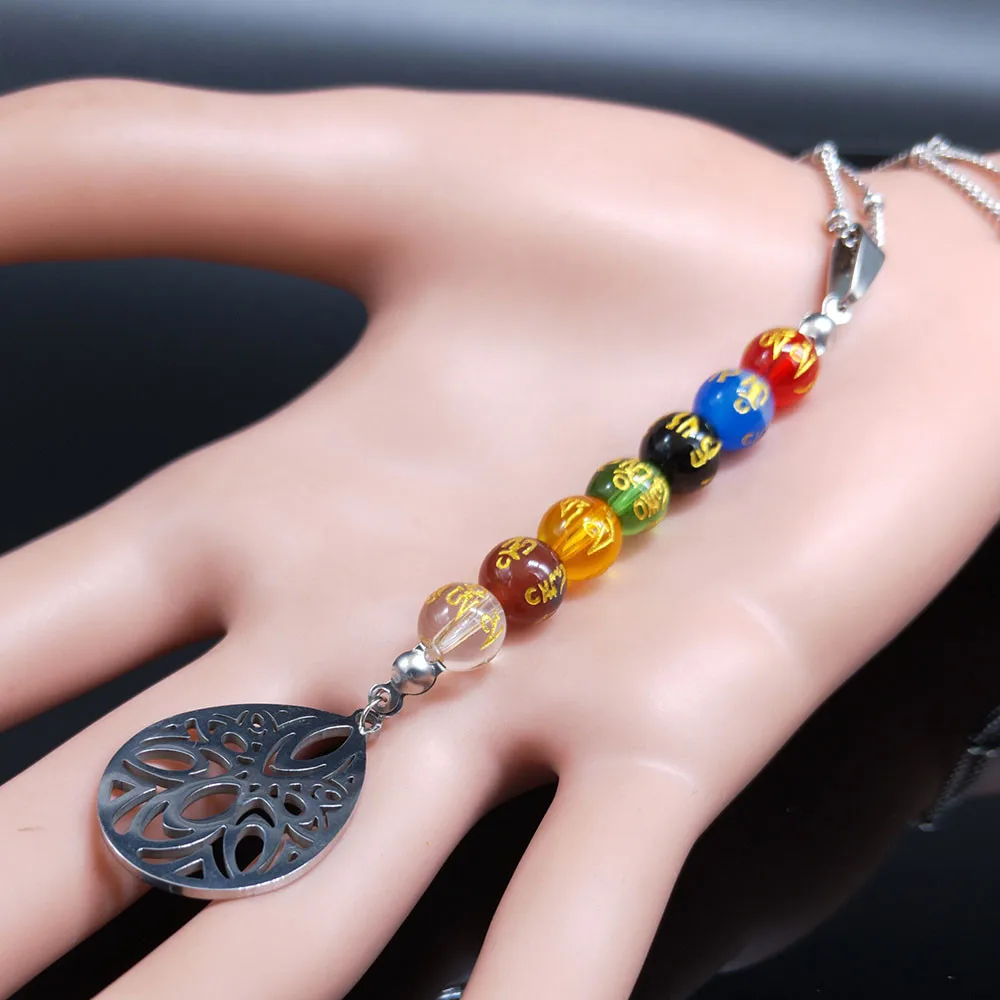 Yoga 7 Chakra Reiki Healing Spiritual Necklace Stainless Steel Lotus Flower of Life Necklace Buddhist Jewelry joyas N3419S07