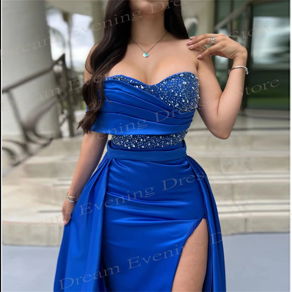 Fascynujące Royal Blue Mermaid Sweetheart suknie wieczorowe bez rękawów zroszony suknie na bal maturalny wysoki rozcięcie z boku Vestido Mujer Elegante