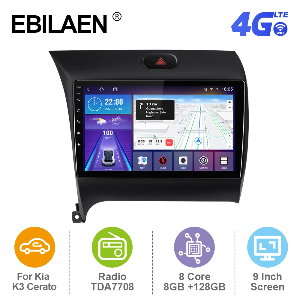 EBILAEN Android 12 Car Radio For Kia CERATO K3 FORTE 2013-2016 Multimedia Player GPS RDS Navigation Carplay Autoradio 4G FM