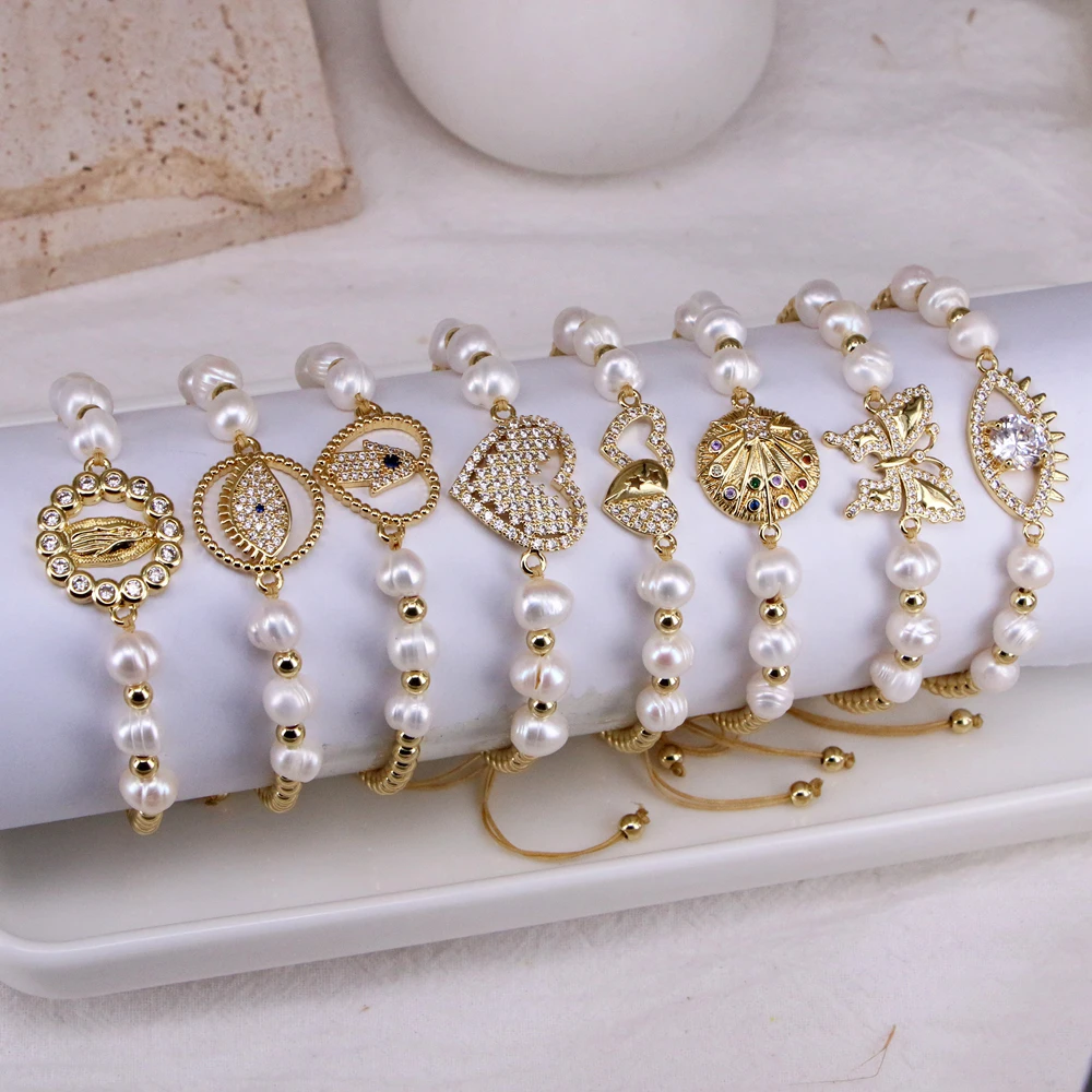 5PCS, 2023 Virgin Mary Bracelets Natural Freshwater Pearl Beaded Handmade Butterfly / Eye Heart Rope Charm Bracelet For Girl
