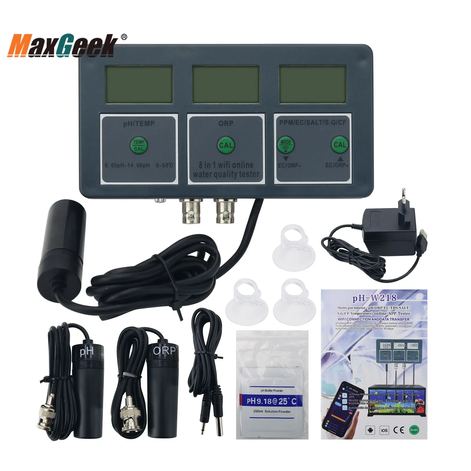 

Maxgeek PH-W218 WiFi Cellphone APP 8-In-1 Water Quality Tester PH/ORP/EC/SALT Fish Tank Online Water Monitor