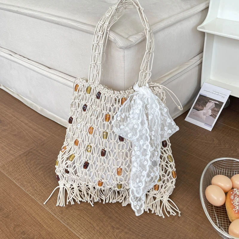 

Bohemian Crochet Mesh Tote Bag Beads Tassels Large Capacity Woven Shoulder Bag Casual Summer Beach Handbag with Lace Scarf Decor