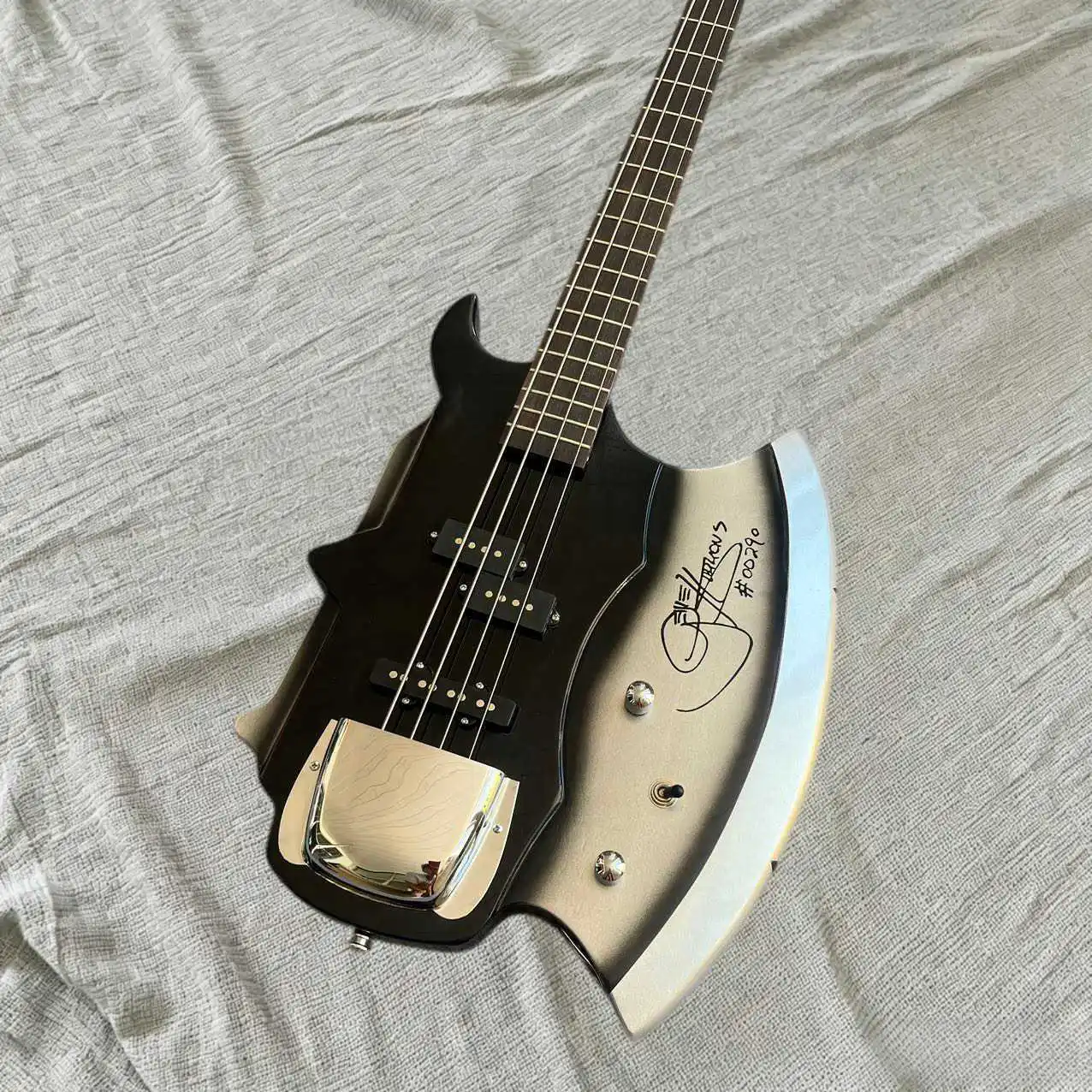 Custom 4 Strings Black Silver Gradient Axe Shape Bass Guitar Dual Pickups Chrome Hardware Unique Solid Body Gift Rock