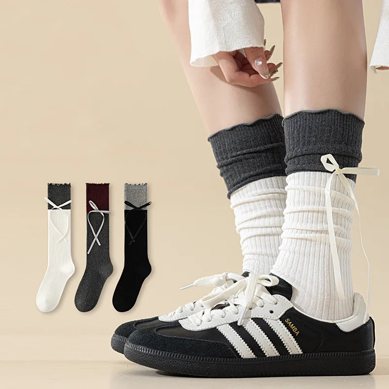 Women Stockings Ribbon Bow Lolita Kawaii Cute Ruffle Socks Stockings Color Matching Knitted Cotton JK Girls Knee Socks Stockings