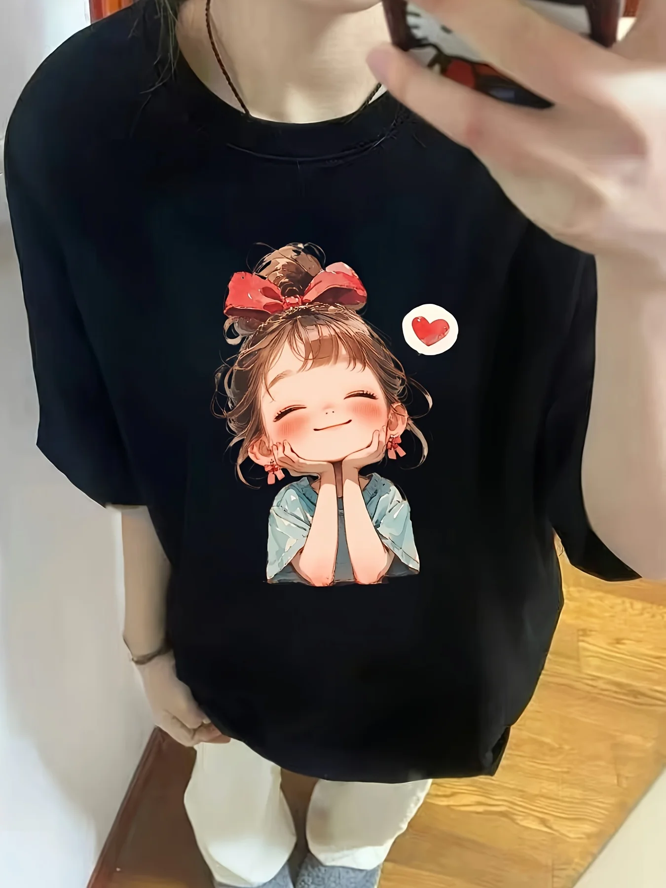 

Neck Polyester Knit Adorable Illustration with Bow Women's Cute Cartoon Print Short Sleeve Black Style Round Aesthetic Clothes
