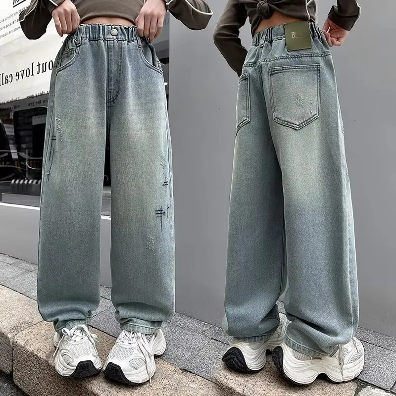 

Kids Girl Stylish Loose Straight Ripped Jeans Children Vintage Blue Relaxed Fit Spring Autumn Denim Pants For Tweens Teenager