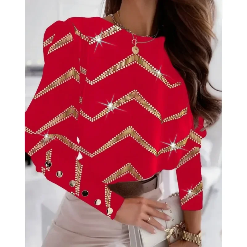 

Women's S-2XL SIZE Long Sleeved Shirt Fashion Printed Round Neck Button Shirt Leisure Holiday Elegant Women's Shirt