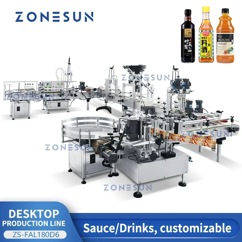 ZONESUN ZS-FAL180D6 Linea di produzione desktop completamente automatica Pompa magnetica Riempimento di liquidi Etichettatrice per bottiglie rotonde Tappatrice