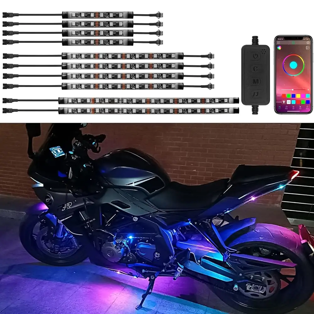 

Ailexpress Auto - Комплект светодиодной подсветки для мотоцикла, 10 шт., RGB LED-ленты с управлением через приложение, совместимы с Harley Davidson, H