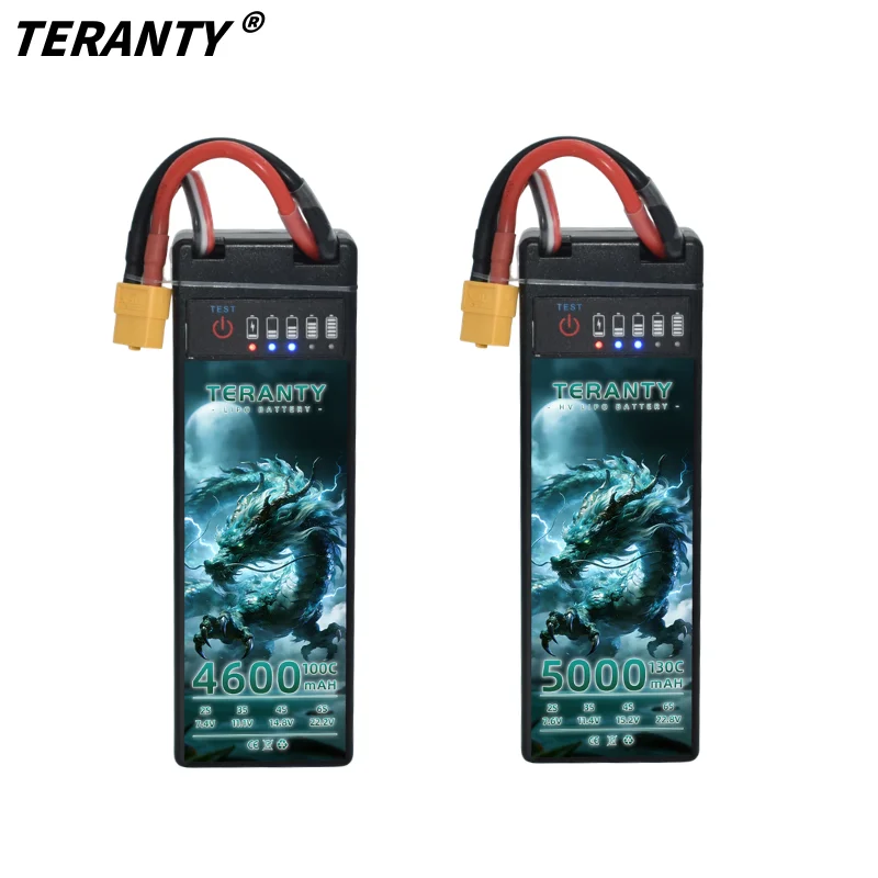 Mit Leistungsanzeige TERANTY 2S LiPo 7,4V/7,6V 4600/5000mAh 100/130C Hartschalen-Rennbatterien T-X60-Stecker für RC-Autos Rally