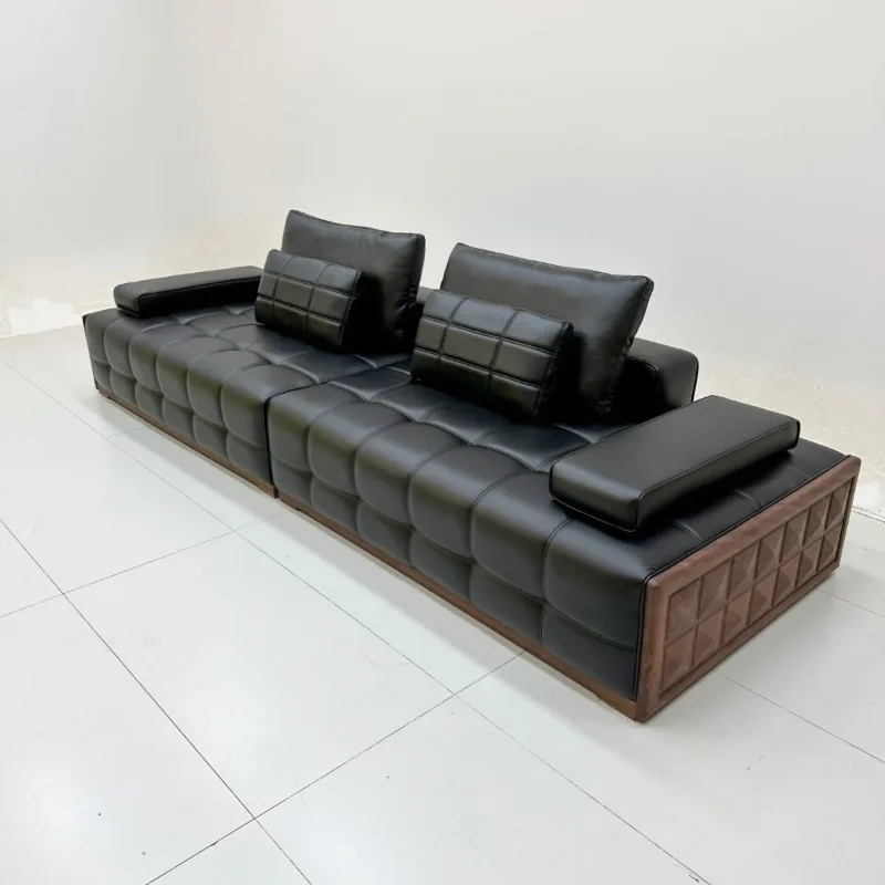 New Modern Medieval Solid Wood Black Lawrence First Layer Cowhide Straight Row Leather Sofa Walnut Leather Sofa