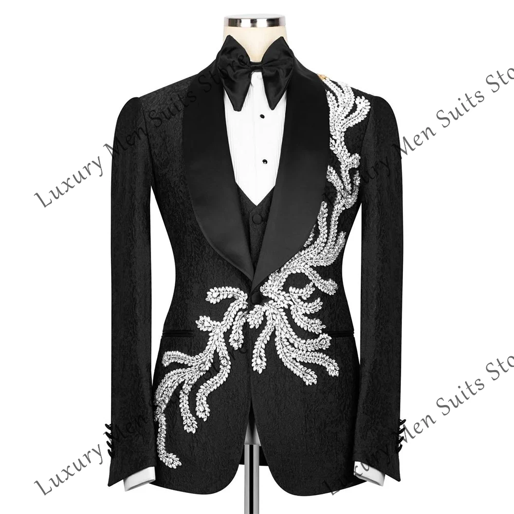 

Diamond Applique Suits for Men 3 Pieces Jacquard Tuxedos 2025 Wedding Outfits Customized Blazer Pants Male Prom ropa hombre