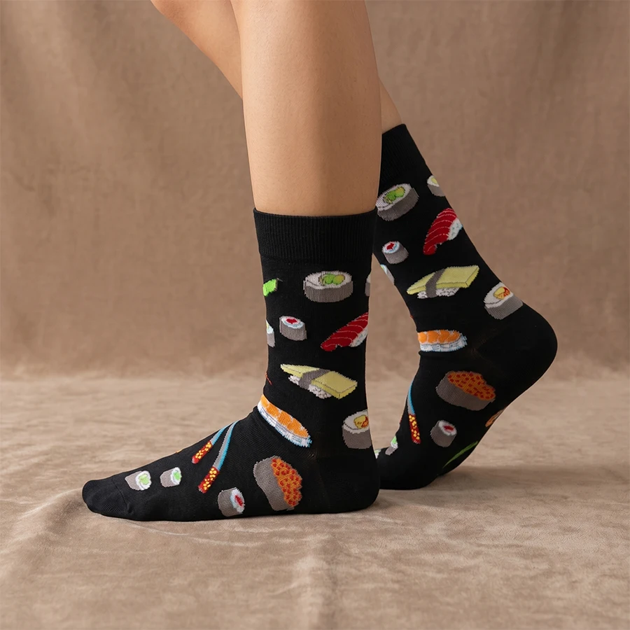 1 Pair, Unisex, Black Base with Colorful Sushi and Chopstick Patterns, Pure Black Ribbed Cuff, Polyester, Breathable, Fun, Mid-Calf Socks, Suitable for Everyday Wear