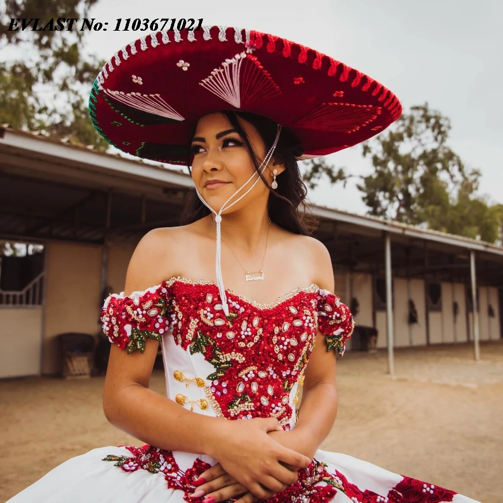 فستان Quinceanera باللون الأحمر من EVLAST مخصص من Charro فستان كوينسيانيرا مطرز بالزهور وكشكشة حلوة 16 فيستدوس دي 15 أنوس SQ578