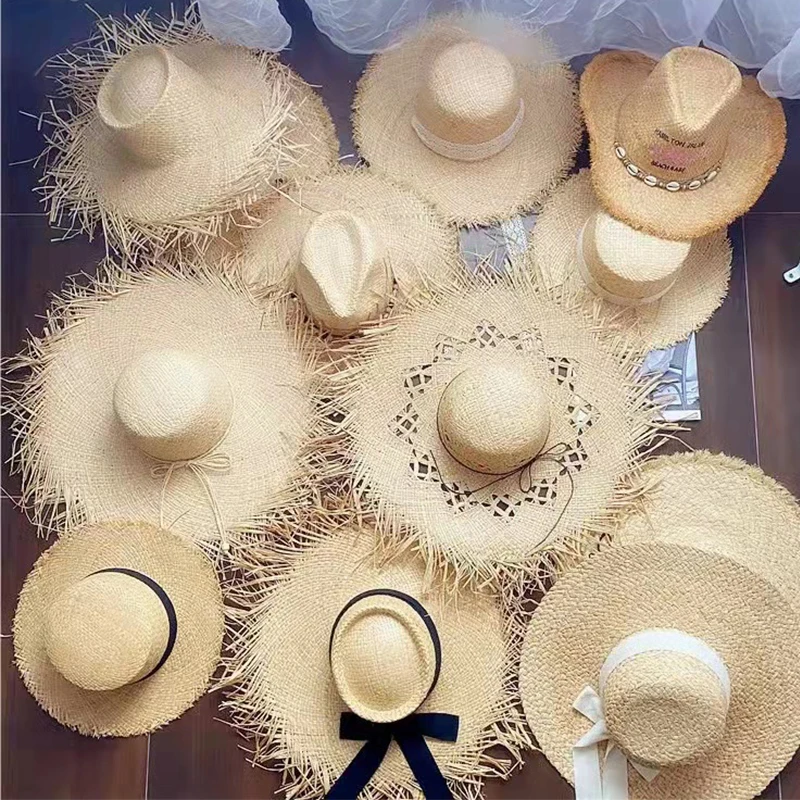 New Women Summer Natural Raffia Hat Girl Fashion Ribbon Floppy Shading Panama Wide Brim Sun Hats Vacation Travel Beach Straw Hat