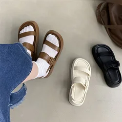 Low Sandals Woman Leather Shoes 2023 Muffins shoe Buckle Clogs With Heel Suit Female Beige Low-heeled New Summer Sandalias Mujer