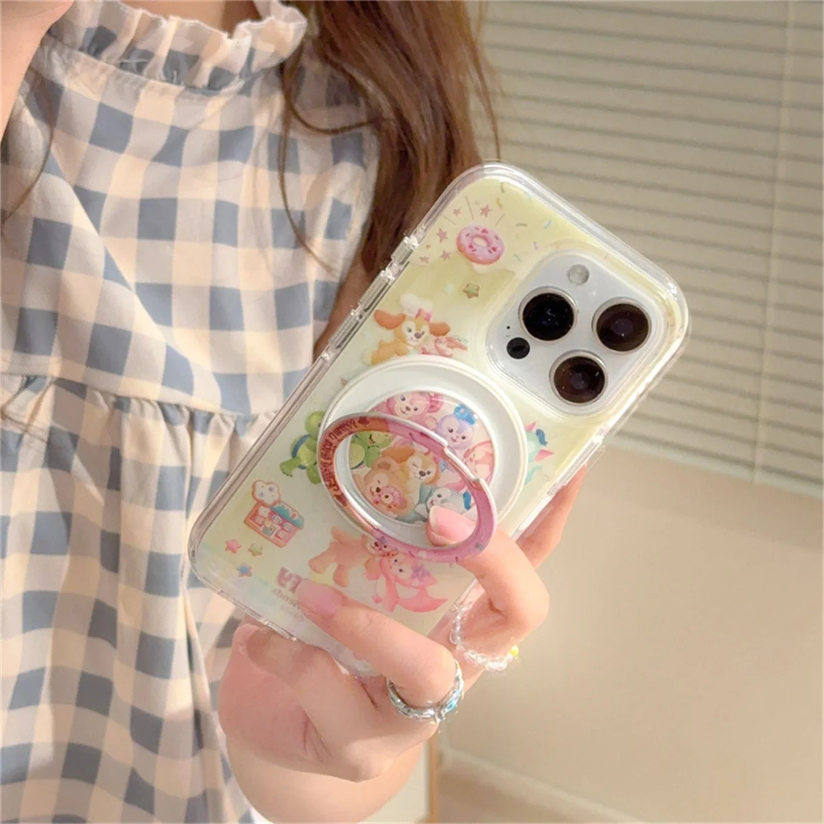 

Kawaii Cartoon Bear Magnetic Phone Case For iPhone 16 Pro 14 13 15 12 Pro Max Cover with Rotating Bracket Stand Cases
