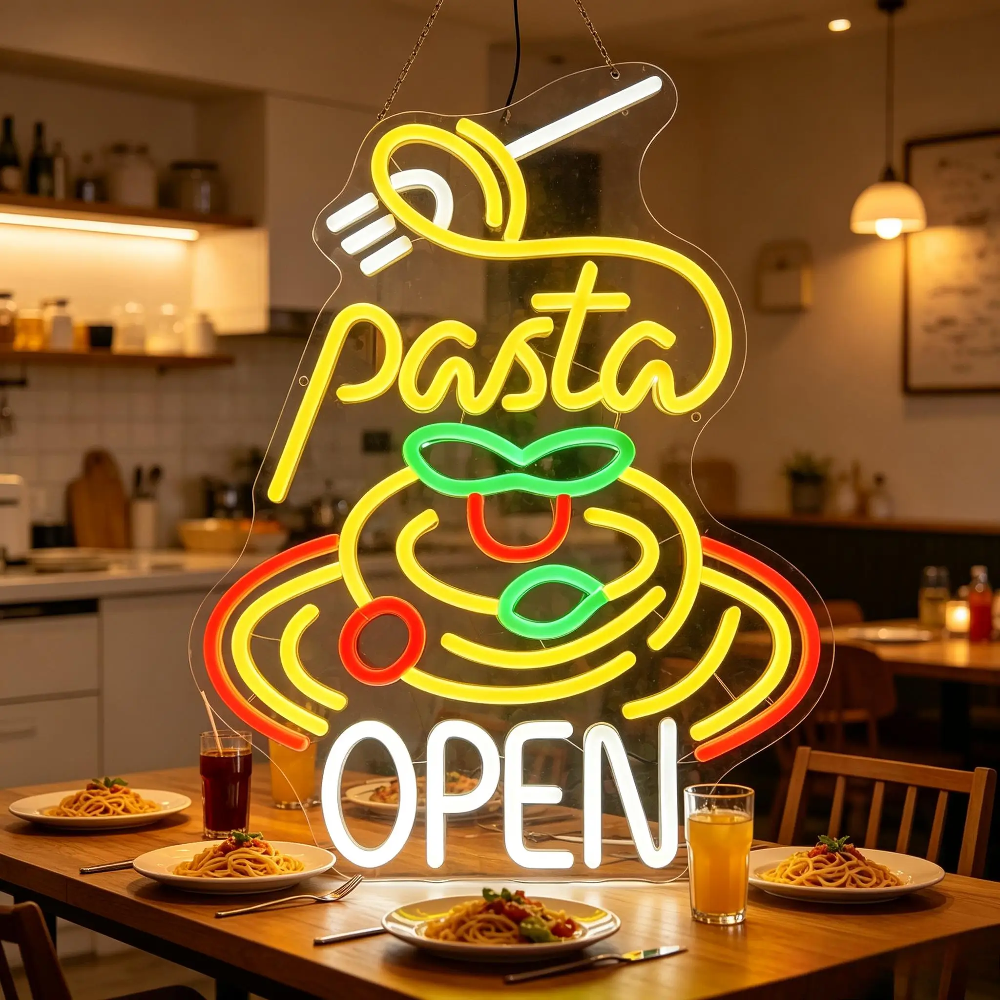 Pasta Open Neon Sign USB Dimmable LED Lights For Restaurant Cafe Kitchen Bar Italian Food Shop Wall Art Decor Signboard Light