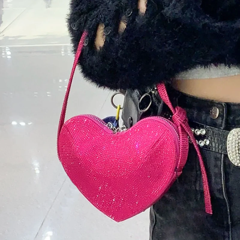 Luxury Rose Red Heart Shaped Shoulder Bag Love Women Bag Fashion Diamond Evening Bag Women Handbag