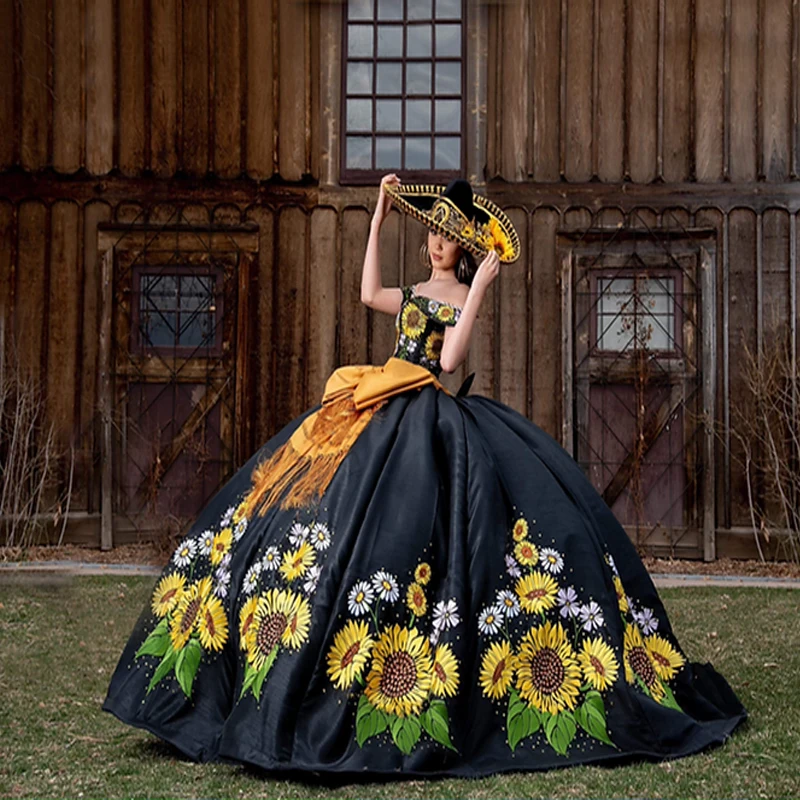 EVLAST giallo girasole ricamo abito da ballo nero Quinceanera Dresse nero messicano dolce 16 abiti Vestidos De 15 aecos TQD009