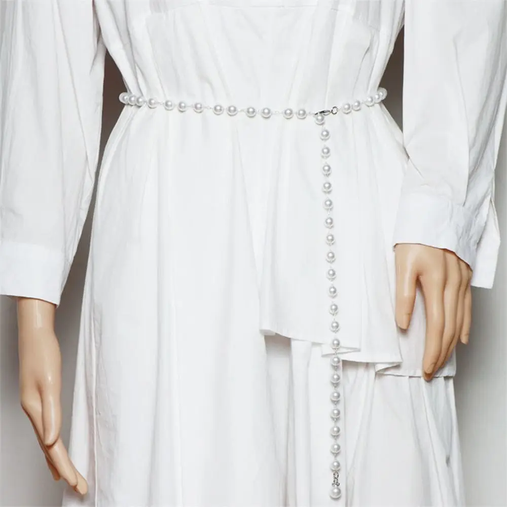 女性用パールペンダントウエストバンド、ホワイトウエストチェーン、オールマッチベルト