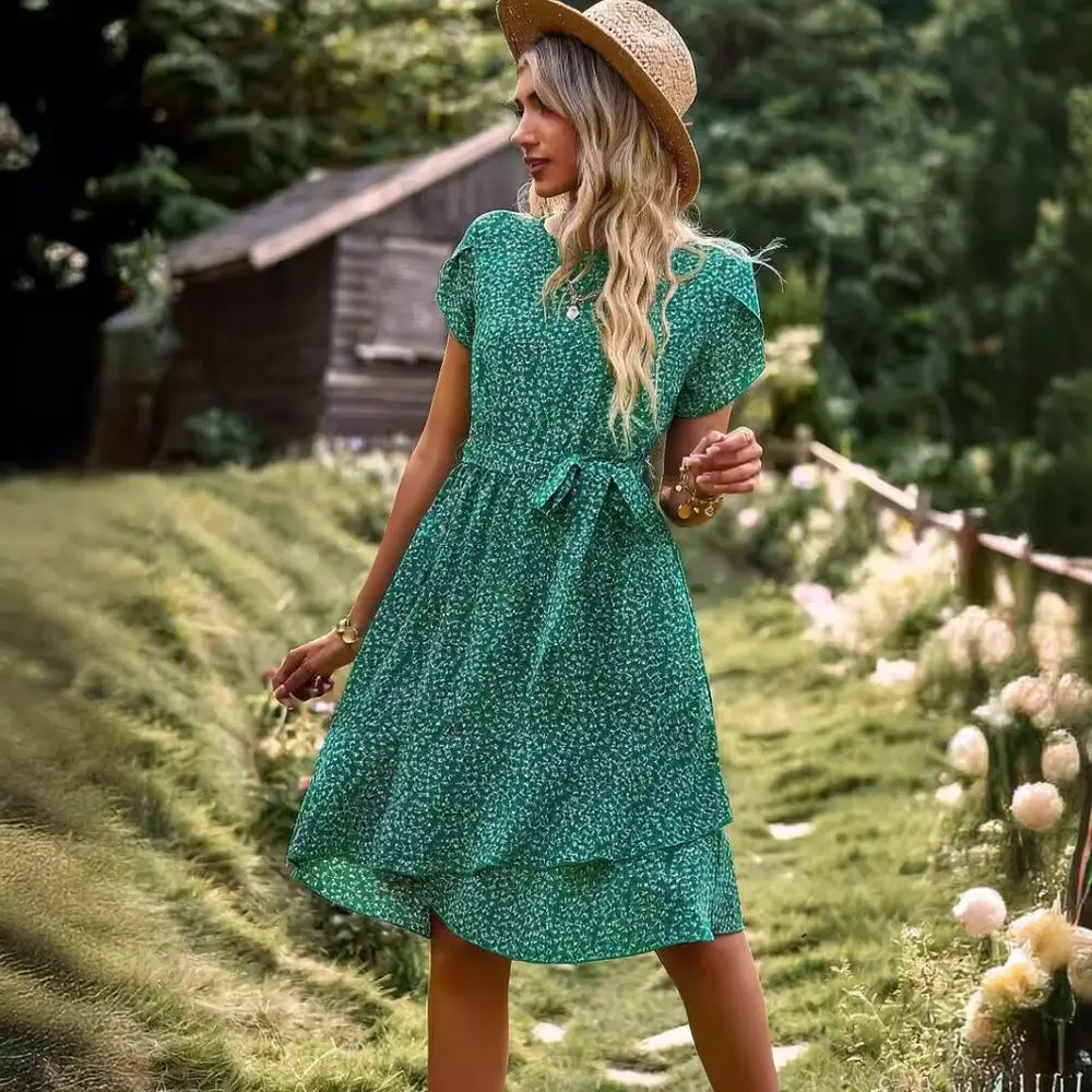 2025 Fashion Floral Dress For Women V Neck Loose Short Sleeve Irregular Hem Casual Elegant Summer Vacation Streetwear