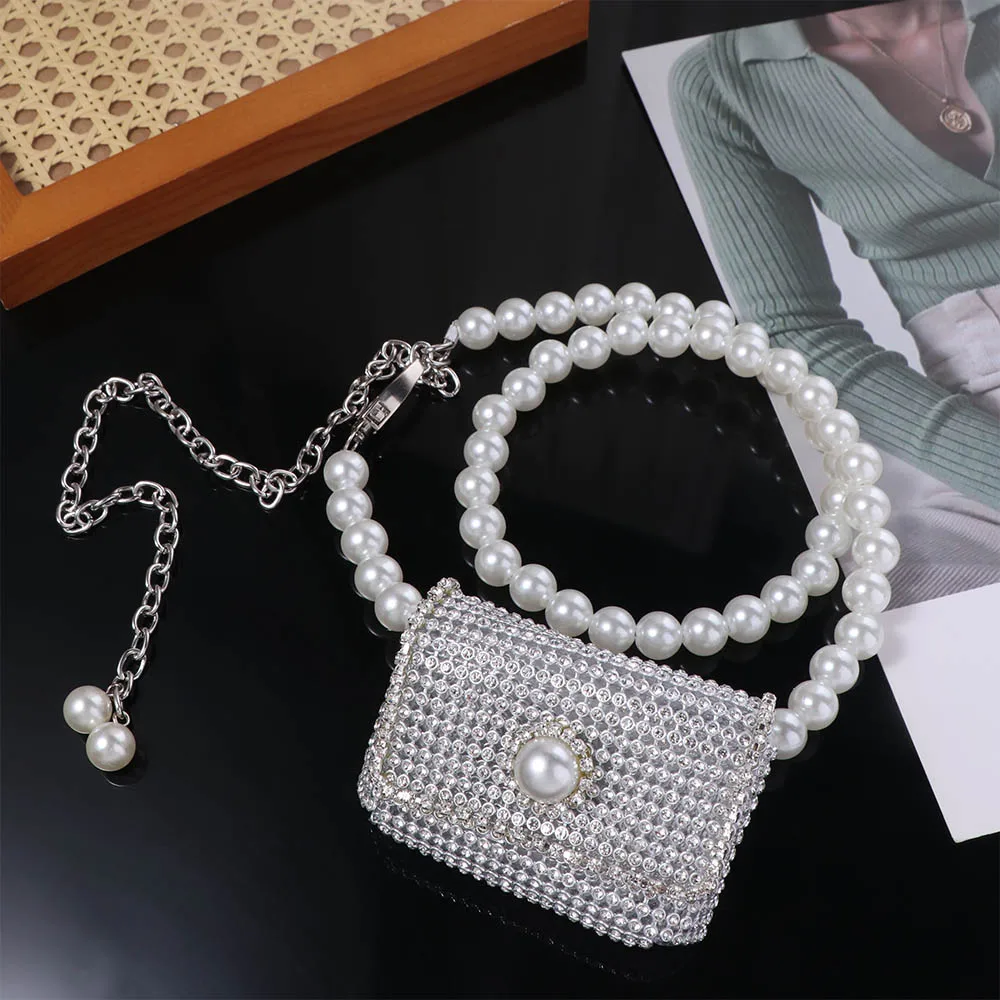 

Korean Style Rhinestones Pearl Chain Waist Bag Trendy Long Tassel Women Mini Bags Belt Luxury Dress Decoration