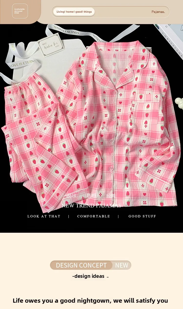 Erdbeer-Pyjama für Damen, langärmelig, Loungewear, Nachtwäsche in Übergröße, Damen-Nachtwäsche, kariertes, gestreiftes, herzförmiges Muster – Detail 1