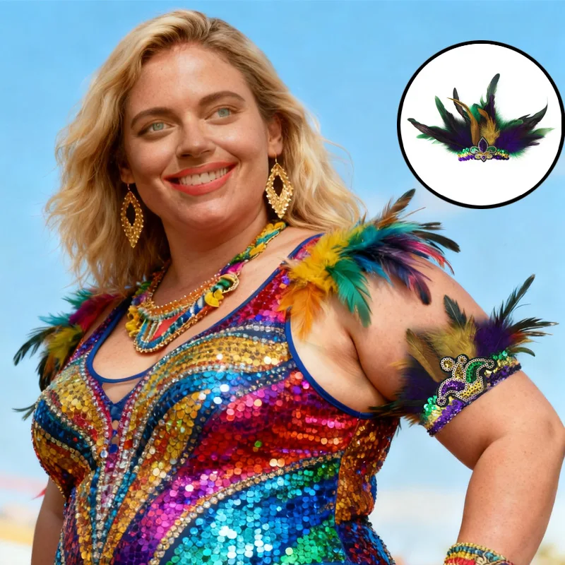

Carnival feather sequin armband gold purple green tricolor unisex Brazilian dance party accessory