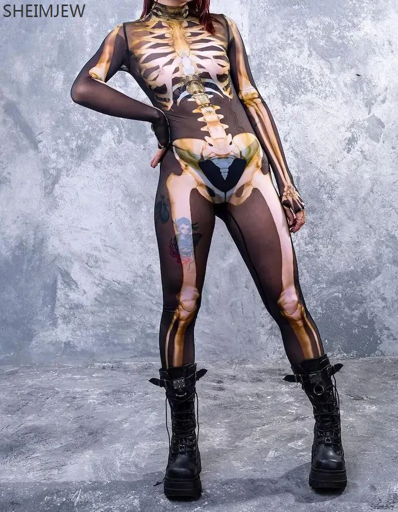 Nowy damski Horror czaszka Cosplay kombinezon ciemny szkielet Zentai garnitury Halloween Catsuit karnawałowe przyjęcie występ na scenie body