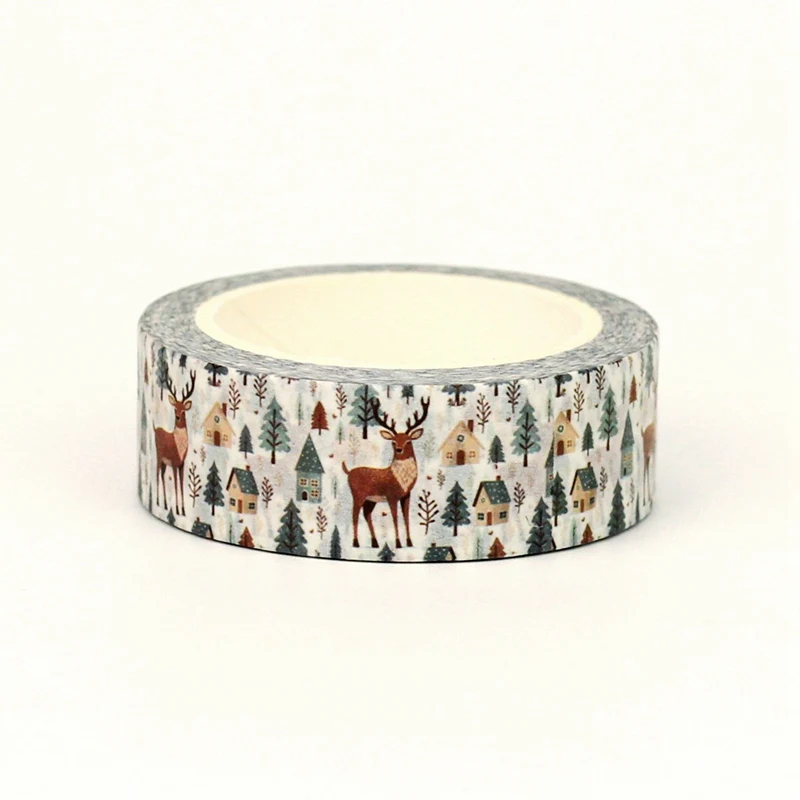 NEW 1PC 10M Cute Deer Trees House Christmas Washi Tape for Scrapbooking Journaling Adhesive Masking Tape Stationery