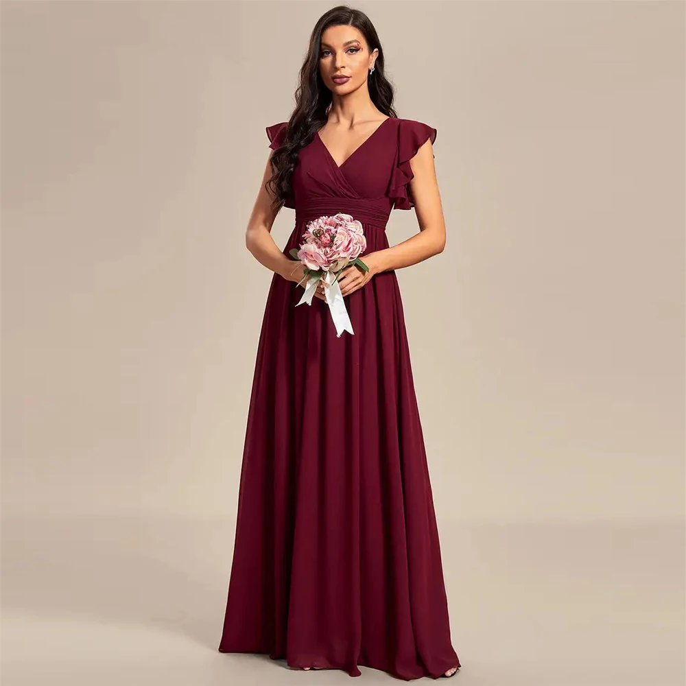 BAZIIINGAAA Party Dress V Neck Pleated Belted Ruffles Bridesmaid Dresses Evening dress