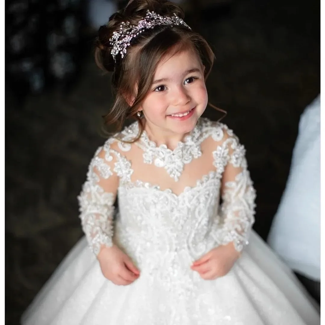 Luxury Flower Girl Dress White Lace Fluffy Sparkle Wedding Elegant Flower Child's First Eucharist Birthday Party Princess Dress