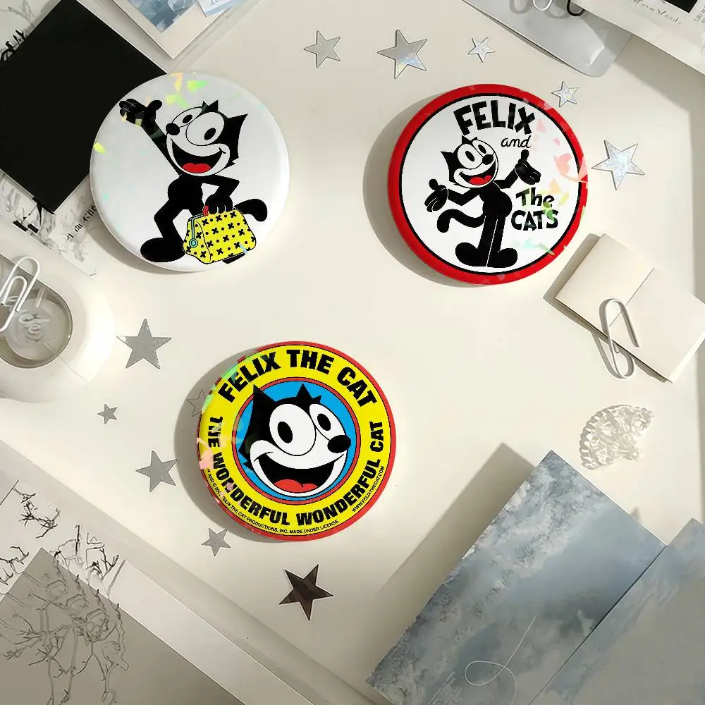 Vintage Cartoon f-Felix the Cat Black Cat Laser Badge Creative Pins Brooch for Bag Clothes Hat Decor Gifts Fans Collect