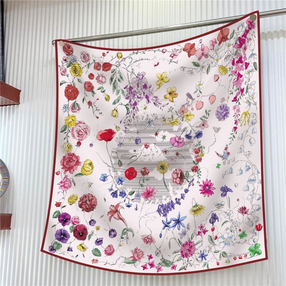 

New 90cm Diagonal Pattern Silk Plant Floral Rose Women's Decorative Sunscreen Shawl Large Square Scarf Headscarf Shawl