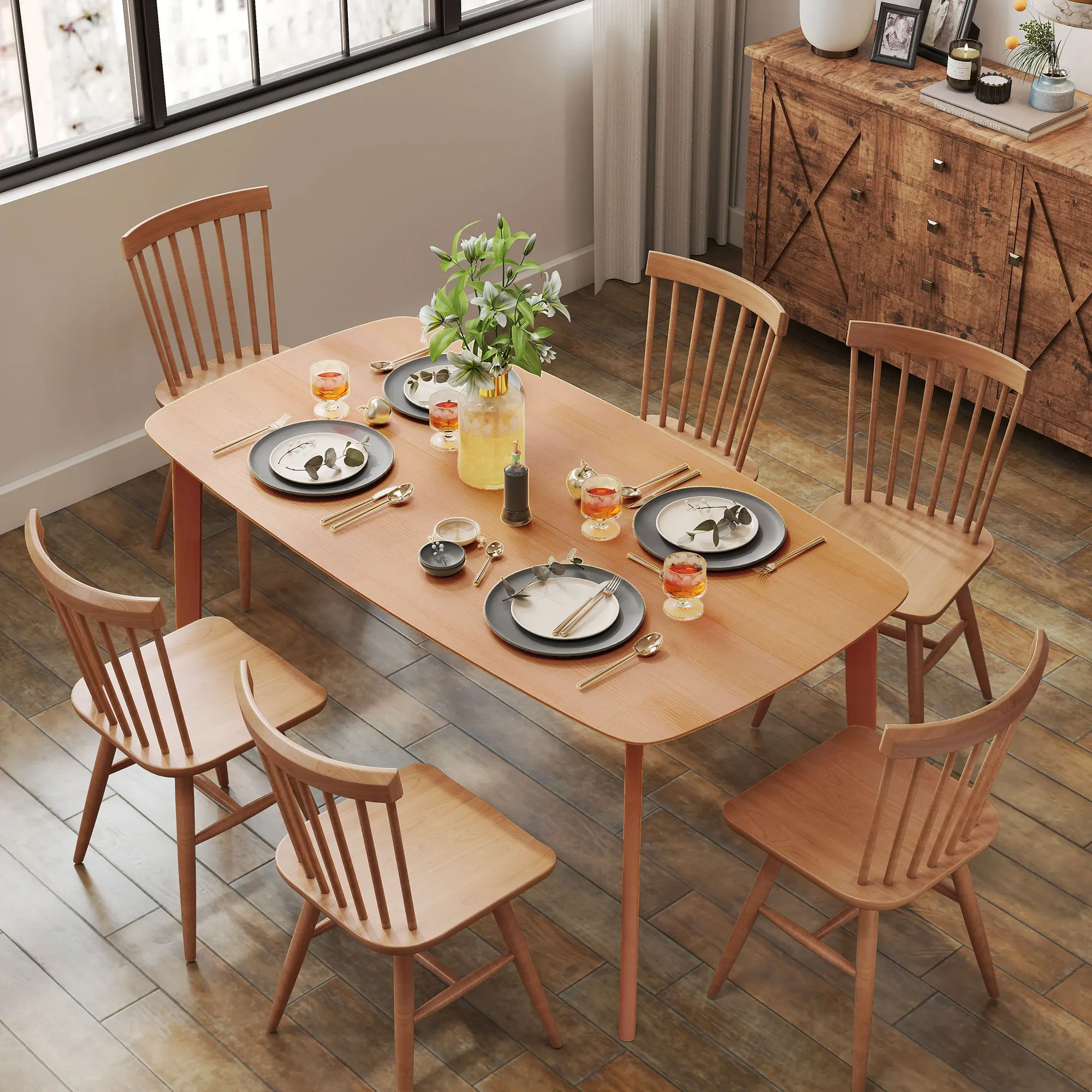 Homcom Solid Wood Dining Table for 6 People, Length 59inch , Rustic, Natural Color