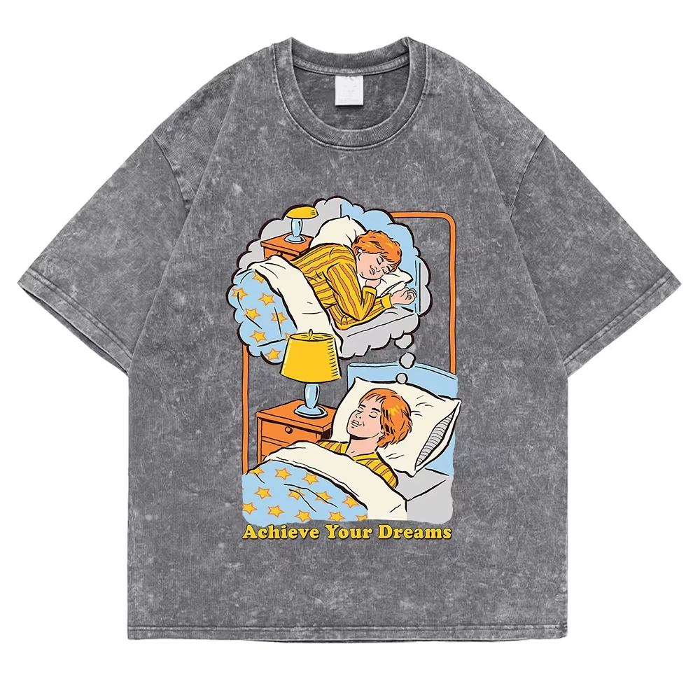 Achieve Your Dreams Washed Retro Men Tshirt Fashion Cotton Tee Clothes High Quality Breathable Tshirt Summer Loose Tops Couple