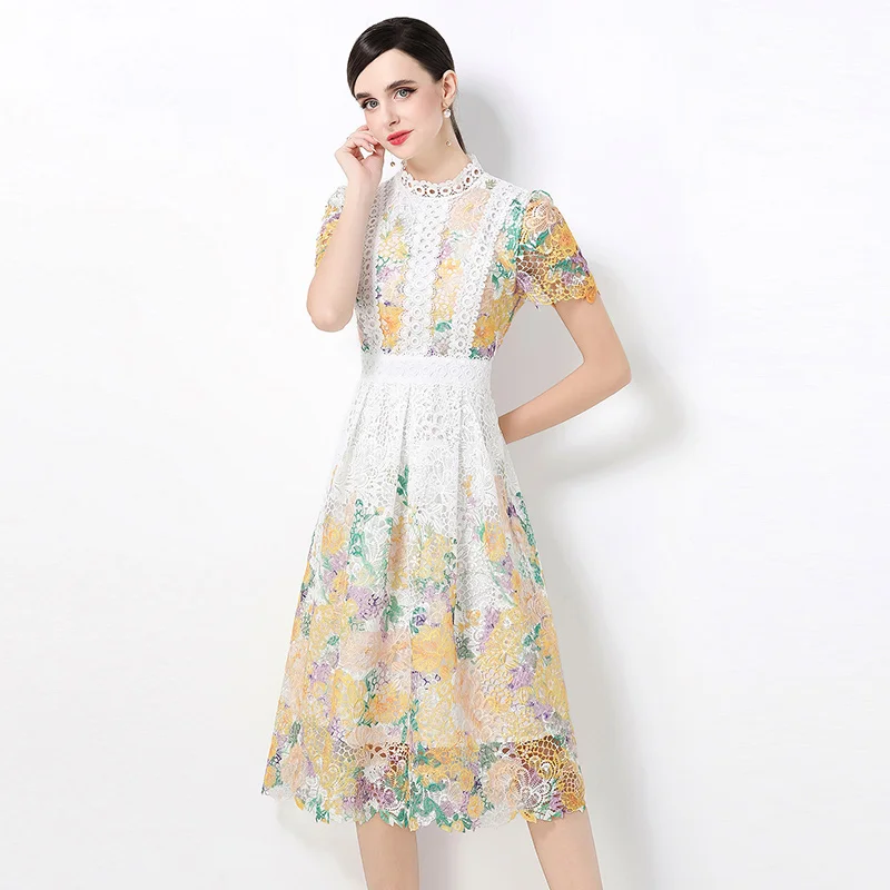Verão retro elegante vestido feminino mangas curtas gola padrão floral decoração vestido oco rendas roupas de emagrecimento