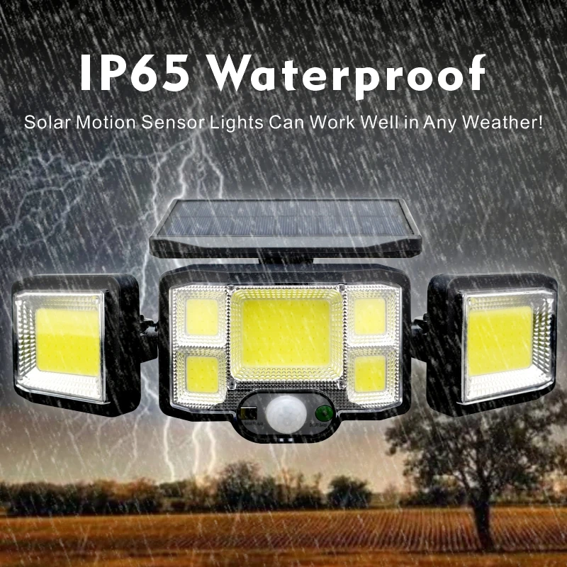 192 COB LED Solar Lights Outdoor 3 Head Motion Sensor Patio Lights Waterproof 3 Modes with Remote Control Wall Lamp Garden Light