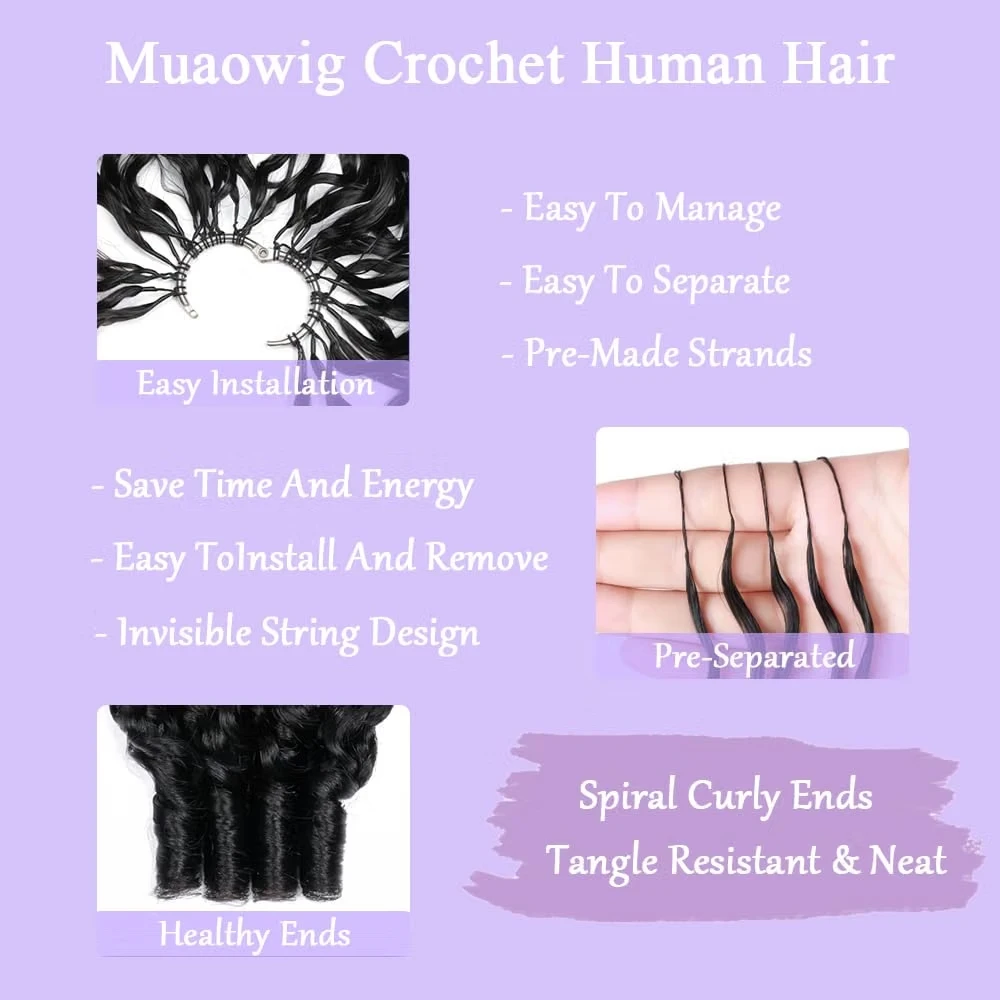 Burmese Curly Miracle Knots Crochet Human Hair 14-26 Inch Peruvian Hair Extensions 60g One Bulk And Braiding Hair 100% Human Hair Bundles Feather Crochet Human Hair For Women 1/2/3 Pieces ALIANNA Hair Reusable Pre-Separated Beginner Friendly Natural Black view 5