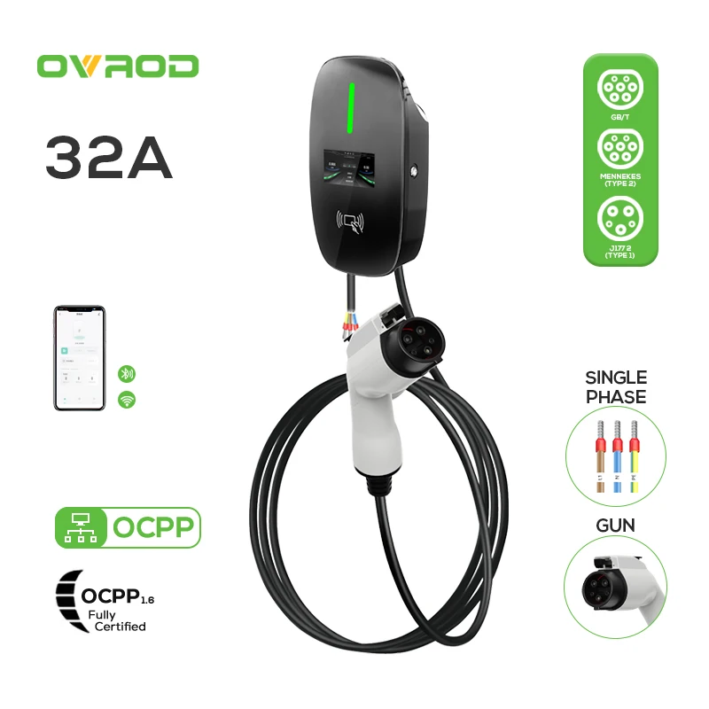 

Orvod Home Type 1 32a Ev Charger 7kw Mode 3 Charging Evse Ev Wallbox Station Pile With Dual Gun 4.3in Screen