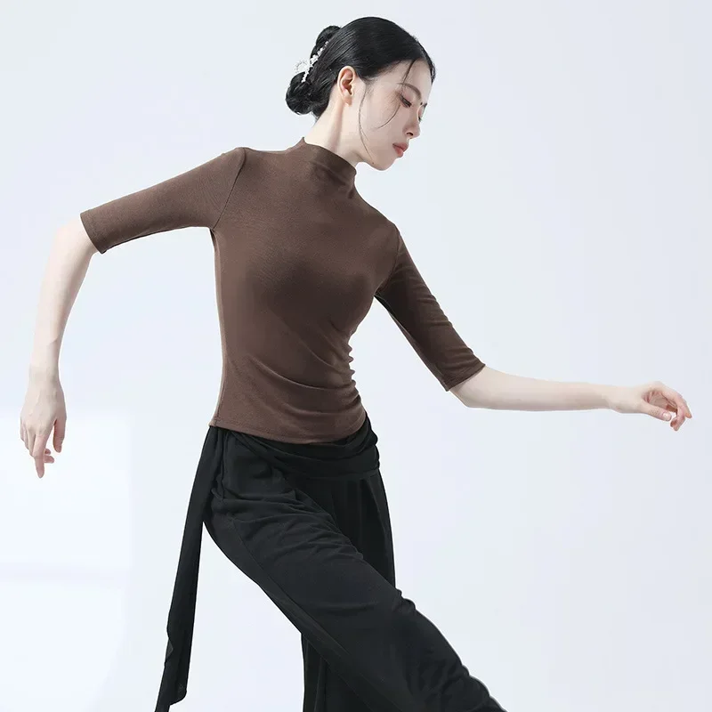 

Classical dance practice clothes spring and summer new semi-turtleneck medium-sleeved women's tops dance clothes slim-fitting