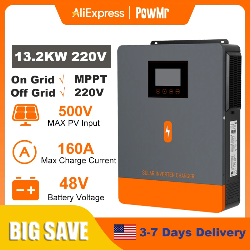 PowMr 13.2KW Hybrid Solar Inverter 48V 220V On Grid Off Grid Inverter Dual Input Dual Output MPPT 160A Solar Battery Charger image 2