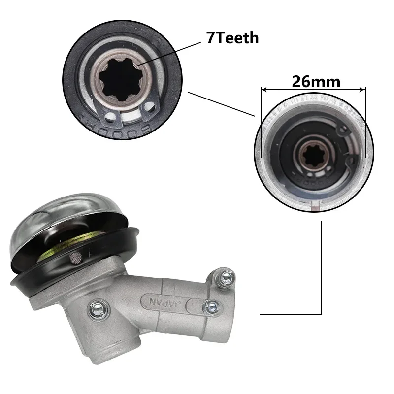 Kepala adaptor pemangkas rumput 26/28mm, kepala roda gigi persegi 7/9 gigi, alat pengganti pemotong rumput suku cadang daya