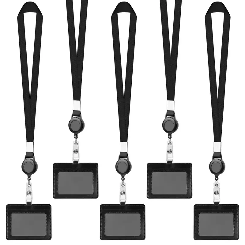 Hot-selling PU ID Card Sleeve Telescopic Buckle Record Label Access Control Card Sleeve with Lanyard Easy-pull Buckle Work Card