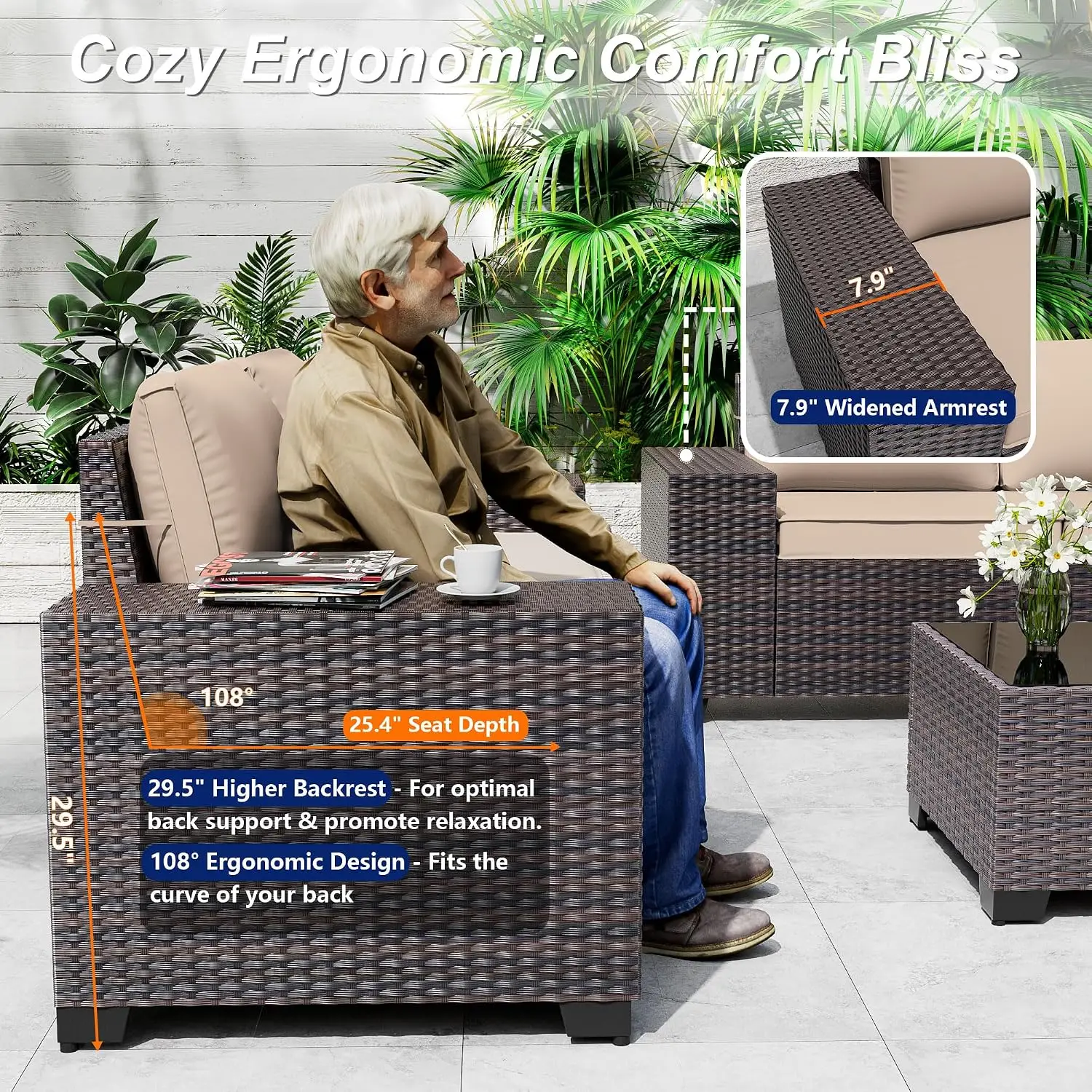 Outdoor Patio Furniture Set, 6 Pieces Outdoor Sectional Furniture High Backrest Patio Sofa, All-Weather PE Rattan Patio Conversa