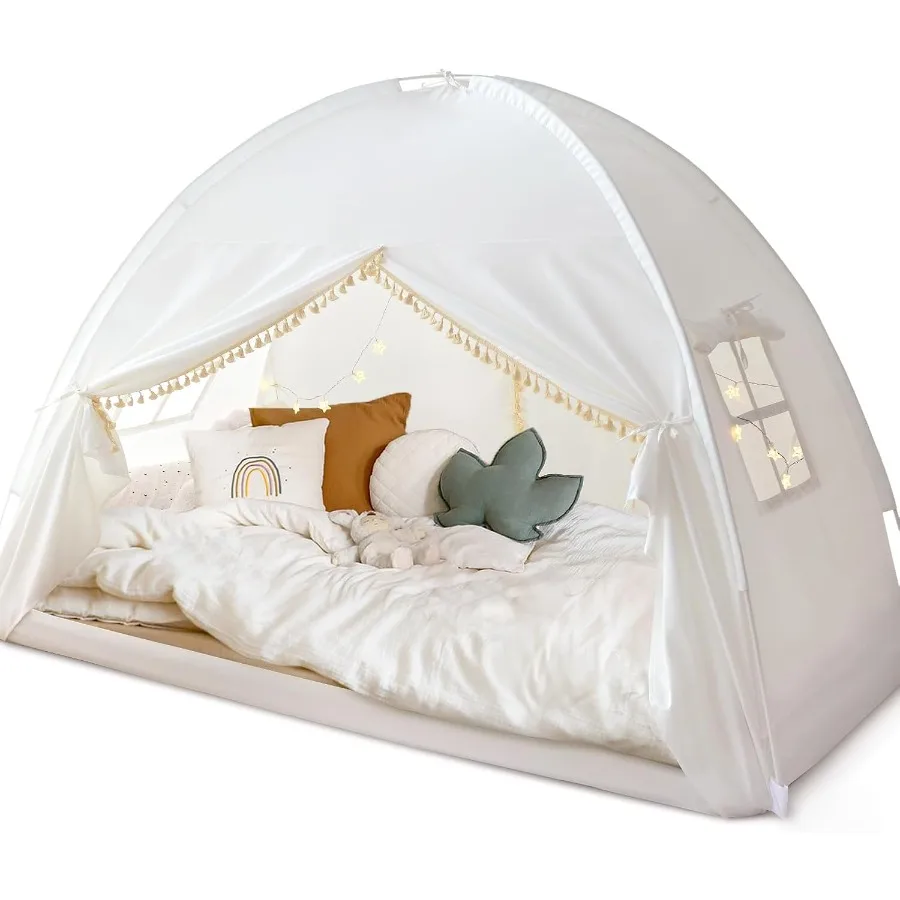 Namiot na łóżko pojedyncze do zabawy w domku księżniczki w pomieszczeniach, na łóżko piętrowe, biały, w stylu bohemy, z frędzlami, baldachim zapewniający prywatność dla dziewczynek i chłopców, rozmiar pojedynczy.