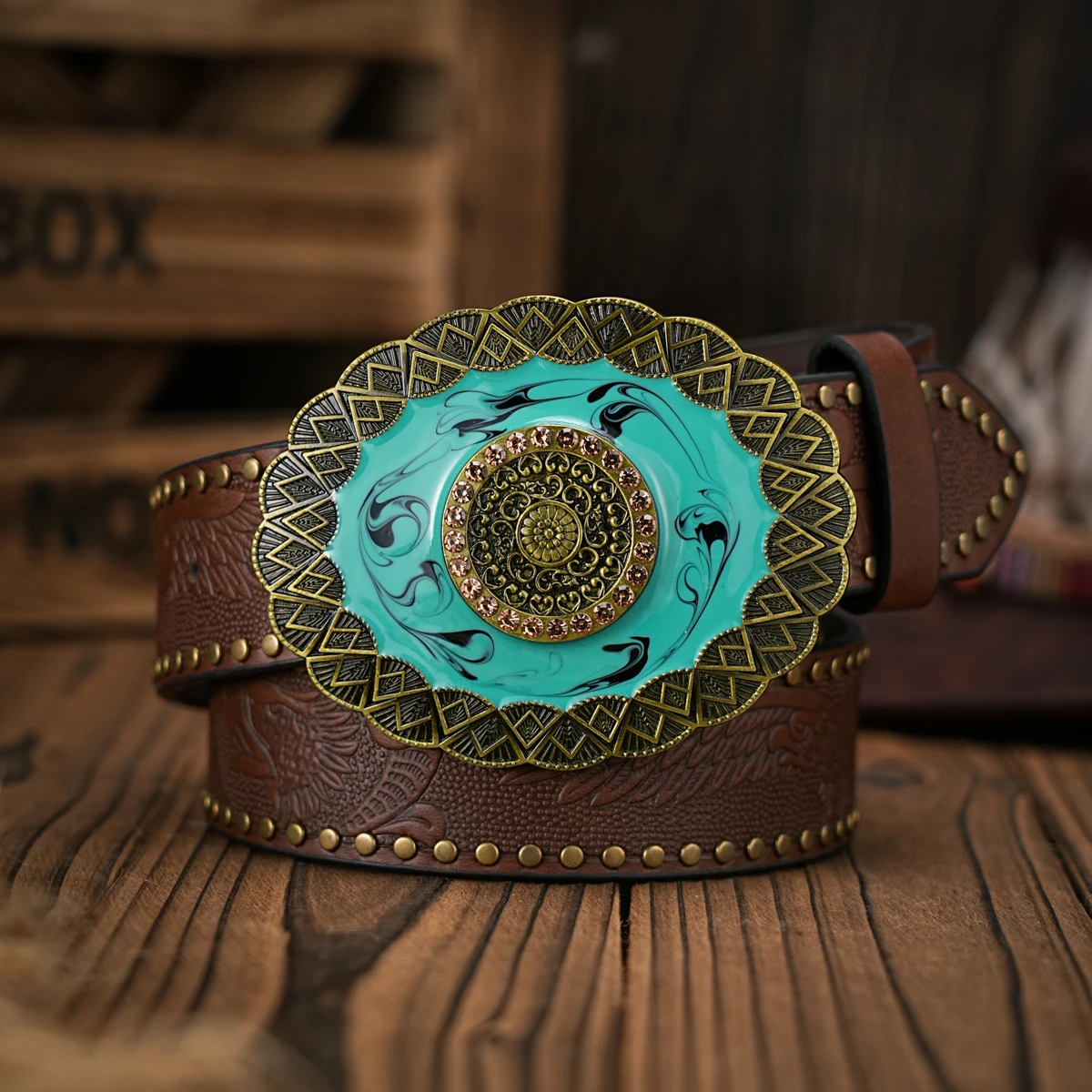 Men - Women - Western Denim - pu leather - Belt - Vintage jeans with floral carved buckle belt