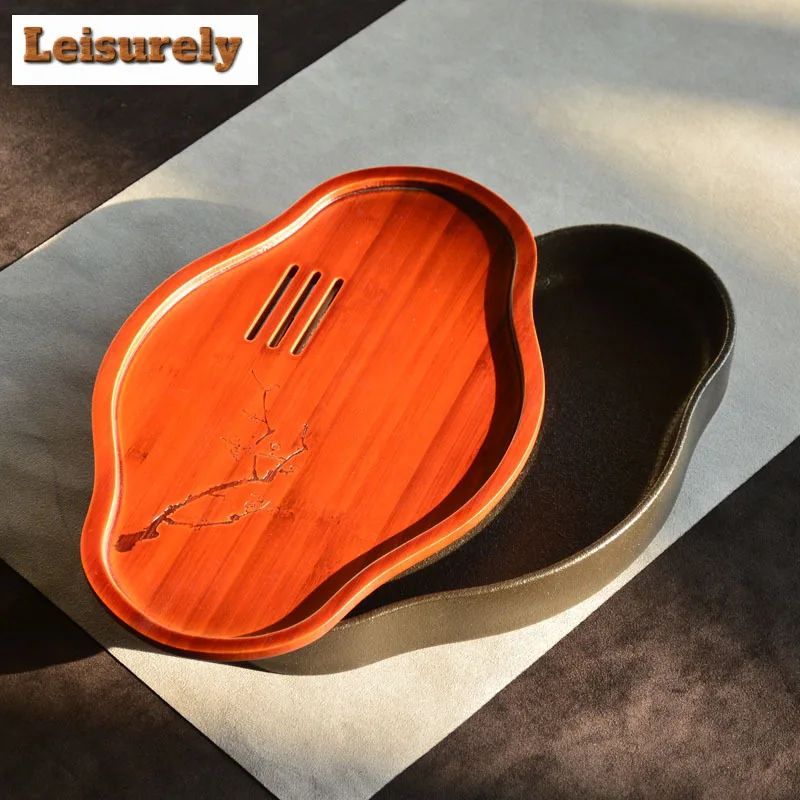 

300ML Black Pottery Bamboo Colver Tea Tray Japanese Water Storage Dry Brewing Table Samll Tea Board Kung Fu Teaset Accessories