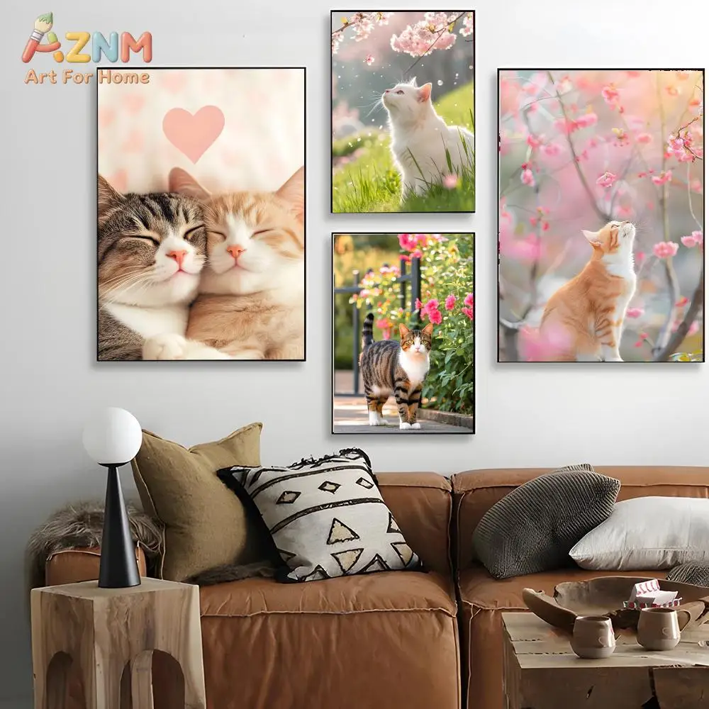 AZNM Cute Pet Cat Canvas Print Sweet Kitten Cherry Blossom Floral Garden Warm Lovely Animal Living Room Wall Poster Unframed Dec
